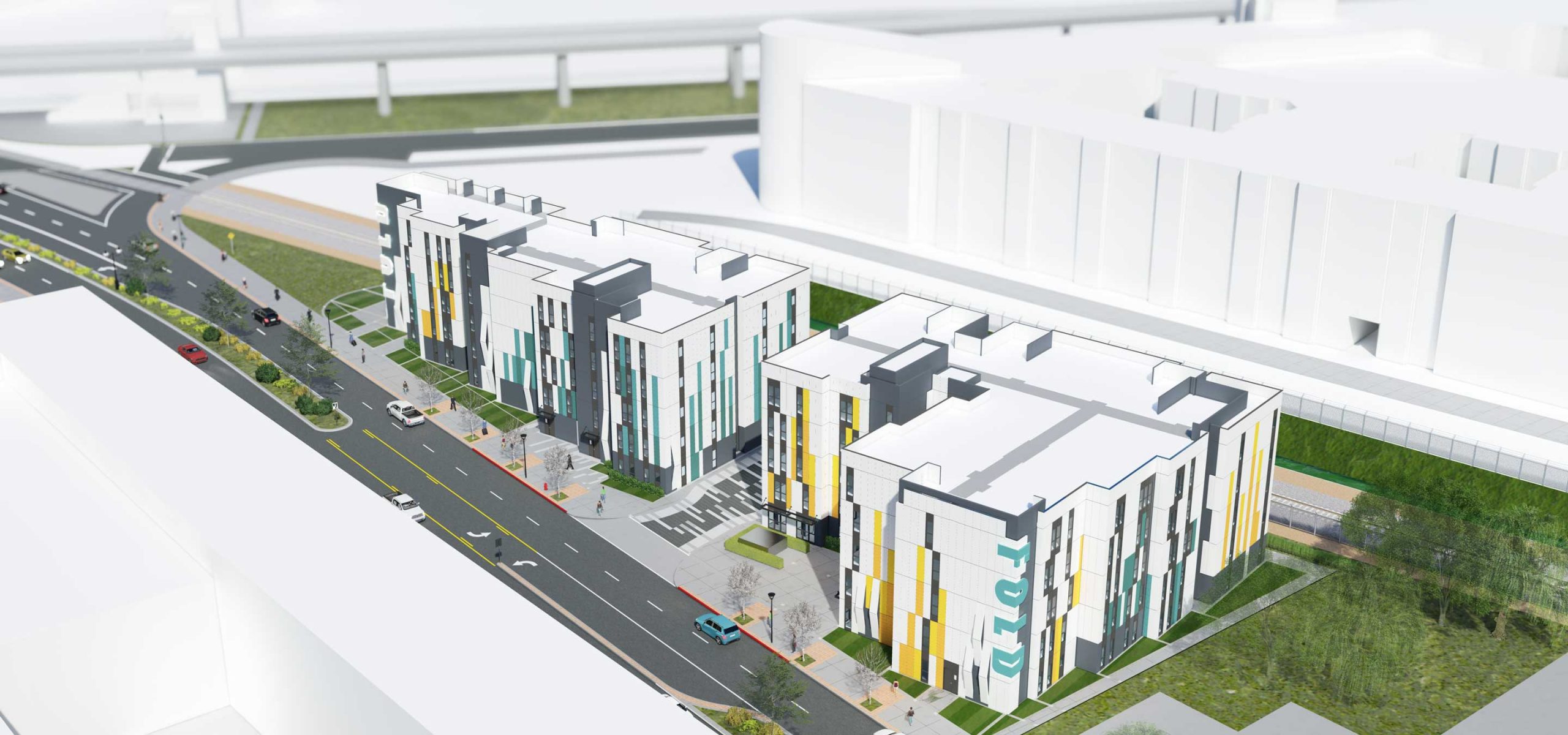 Aerial rendering of 5-story modular apartments