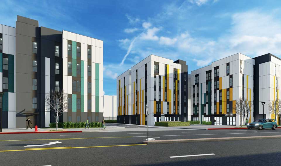 Rendering of 5-story modular apartments